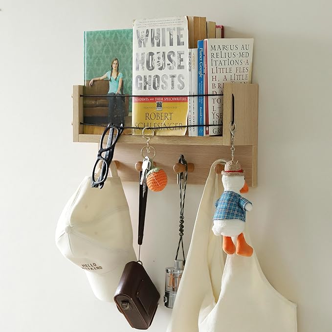 Entrance Coat Rack ，Coat Hooks, Wall-Mounted Wooden Hook Rack, Wall-Mounted Shelves are Very Suitable (Oak Colored Finish-A)