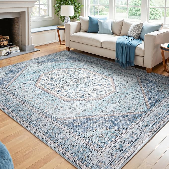 DCX Machine Washable Blue and Beige Area Rugs 5x7, Non Slip Stain Resistant Vintage Floral Rug for Living Room Bedroom Nursery, Soft Low Pile Large Carpet