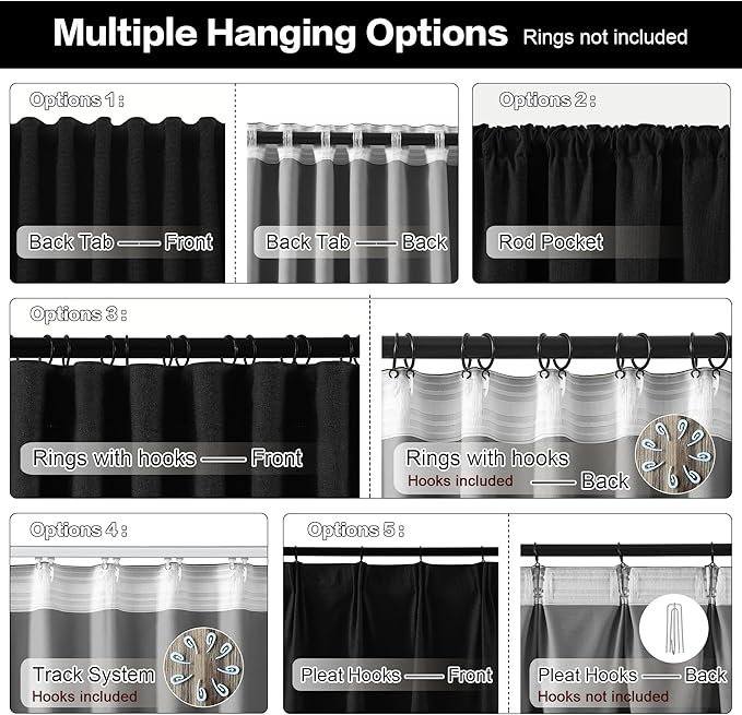 RAIN CITY Black Blackout Curtains 92 Inches Long, Textured Linen Blend Black Out Custom Made Pleated Look Curtains with Hooks Window Drapes for Bedroom Living Room-50x92-inch 2 Panels Set