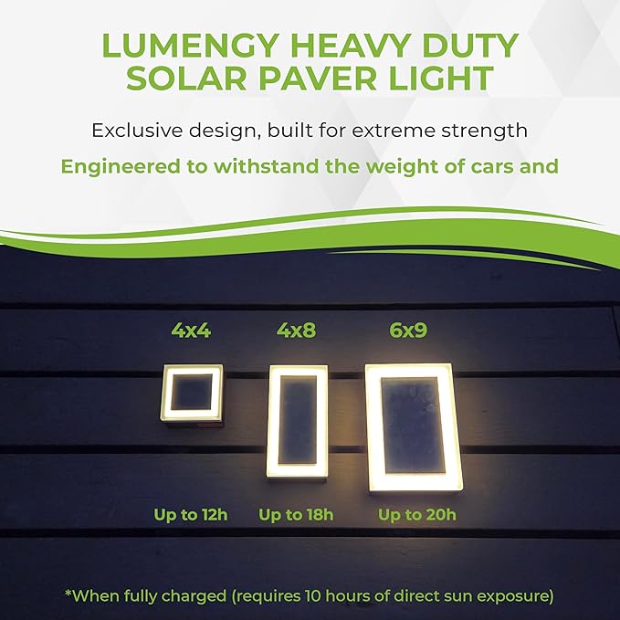 LUMENGY Solar Paver Light 6×9 inch, 2700K, Up to 20 Hours Continuous Lighting, Stainless Steel, Thick Glass, Glare-Free Illumination for Driveways, Pathways & Garden, Waterproof & Drive-Over Rated