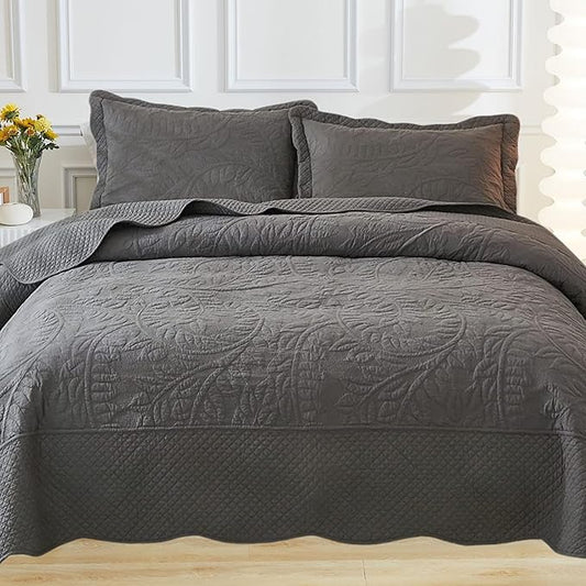 MarCielo 3-Piece 100% Cotton Oversized Bedspread Lightweight Quilt Coverlet Embroidery Farmhouse Bedding Set T0 (Dark Grey, Oversized King (118"x106"))