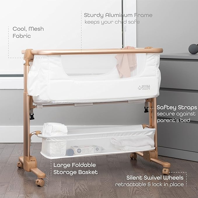 KoolerThings Baby Bassinet, Bedside Sleeper for Baby, Easy Folding Portable Crib with Storage Basket for Newborn, Bedside Bassinet, Comfy Mattress/Travel Bag Included (Bassinet) (White & Gold)