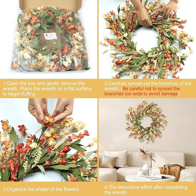 Artgar Fall Wreath, Fall Wreaths for Front Door, 24 in Fall Decor Floral Wreath, Door Wreaths for Front Door Outside All Season for Thanksgiving Home Indoor Outdoor Wall Decor (White Orange Yellow)