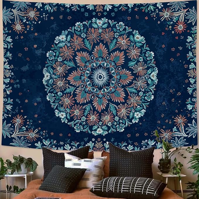 Fowocu Boho Floral Mandala Tapestry Wall Hanging Blue Bohemian Flower Medallion Tapestry Aesthetic Vintage Navy Hippie Indian Small Tapestries for Bedroom Living Room Dorm Decor 60 x 44 Inch