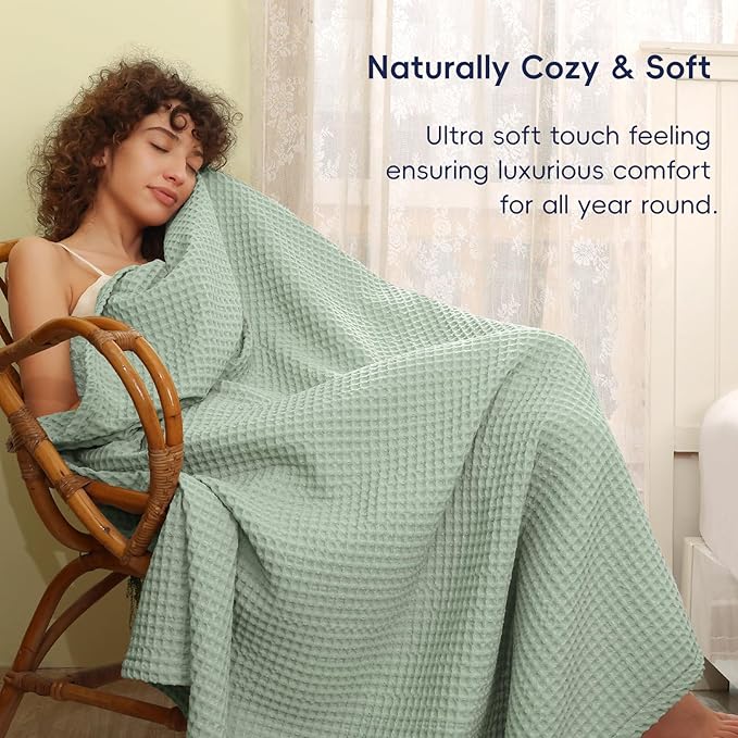 PHF Ultra Soft Waffle Weave Blanket Twin Size 66"x 90"- Washed Lightweight Breathable Cozy Woven Blanket for Bed - Aesthetic Decor for Couch Bedding Sofa Home Car - Sage Green/Mint Green