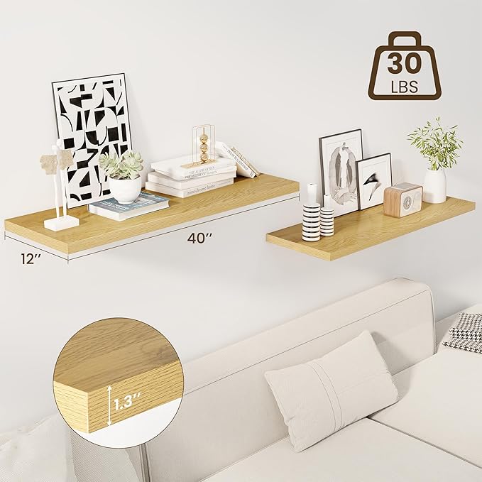40" Floating Shelves for Wall, 12" Deep Slim Oak Floating Shelves, Wall-Mounted Shelves for Bedroom, Living Room, Kitchen, Bathroom - Set of 2