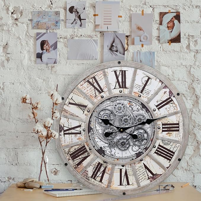 Unique Moving Gear Large Wall Clock 21inch-Battery Powered. Retro Industrial Steampunk Country Farmhouse Decor for The Living Room Kitchen Bars cafes Offices(whith/metal/21)