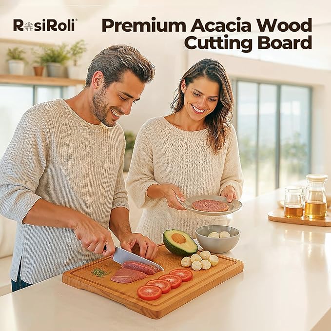 Acacia Wood Cutting Board for Kitchen - 1 inch Thick FSC Certified Wood Charcuterie Cheese Board with Side Handles and Juice Grooves, Wooden Chopping Block for Meat and Veggies, 17x12 inch