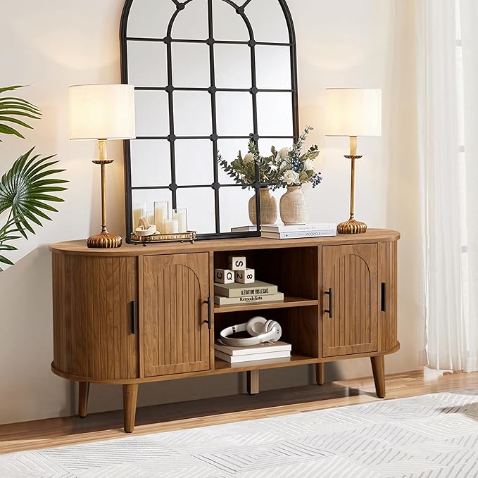 51" Fluted TV Stand, Mid-Century Modern Entertainment Center for Tvs up to 60" with Drawers and Fluted Doors, Curved TV Media Console Table with Sliding Doors for Living Room, Bedroom (51")