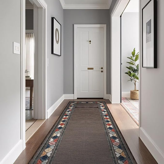 Beverly Rug Outdoor Runner Rug 2x7 Modern Floral Bordered Area Rugs for Indoor and Outdoor Patio Easy to Clean Non Shedding Living Room Porch Garden Washable Outside Carpet (2 x 7 Brown)