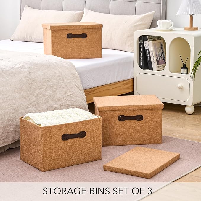 Enzk&Unity Decorative Storage Bins with Lids, Fabric Linen Foldable Storage Box with Handle Home Organizer for Shelf, Closet, Bedroom, Living Room, Office, 3 Packs, Brown