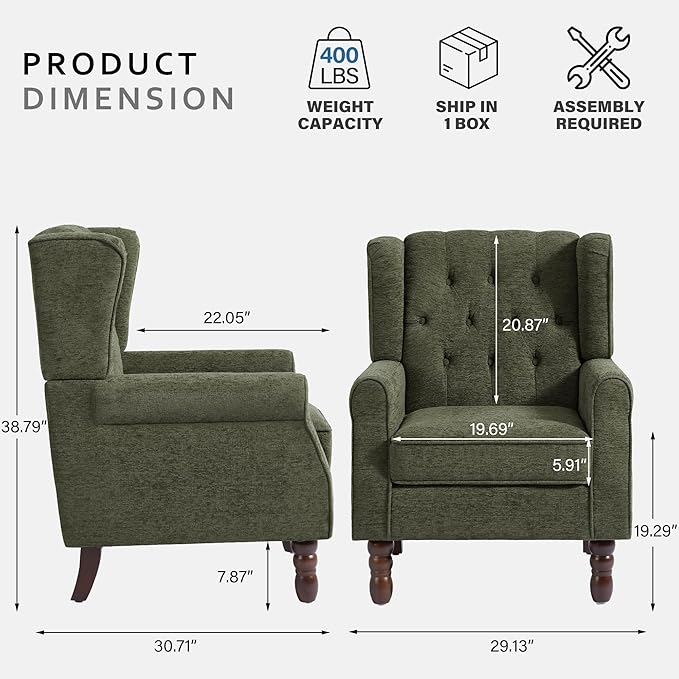 Lumibee High Back Accent Chair,Upholstered Wingback Armchair with Solid Wood Legs for Small Spaces,Comfy Single Sofa Chair for Living Room,Bedroom,Office-Green
