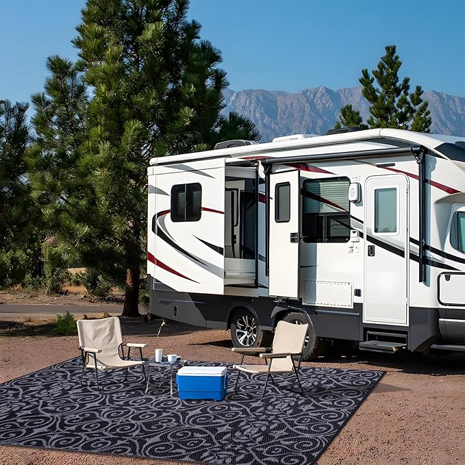 OLANLY Outdoor Rug Waterproof 6x9 ft Clearance, Reversible Outdoor Plastic Straw Rug with Floral Pattern, RV Mat for Patio, Camping, Balcony, Deck, Backyard, Black & Grey