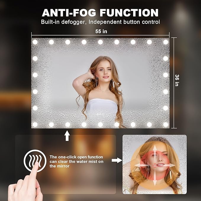 Hasipu LED Bathroom Mirror with Lights, 55" x 36" Hollywood Wall-Mounted Bathroom Mirror with 26 Dimmable Bulbs, 3 Colors Modes, Touch Control, Anti-Fog, Memory Function, Shatter-Proof, ETL Listed