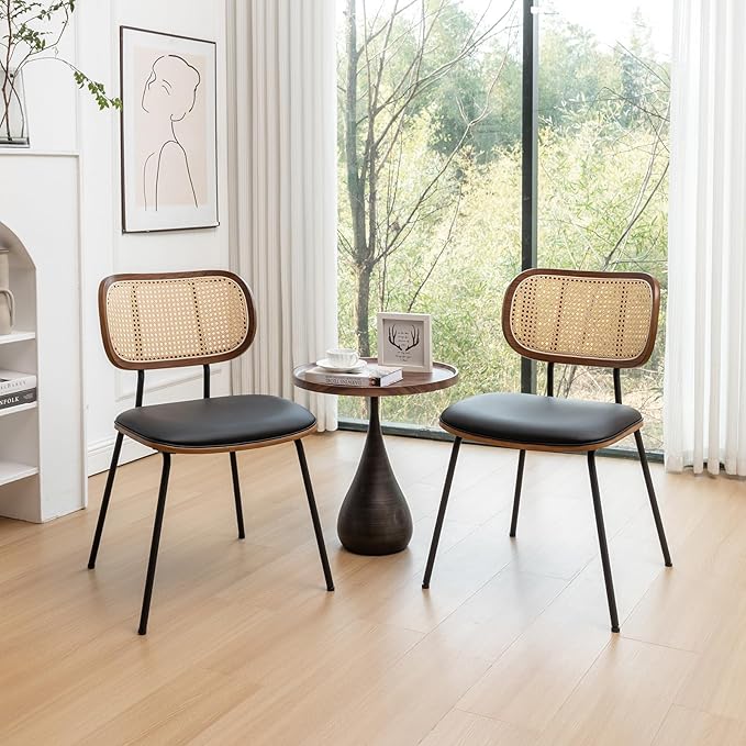 Rattan Dining Chairs Set of 4, Mid Century Modern Dining Chairs with Cane Back for Kitchen Dining Room, 19 Inch Faux Leather Black