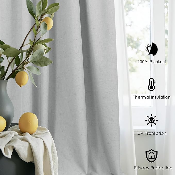 Light Gray Blackout Linen Curtains 108 Inches Long 2 Panel for Sliding Glass Door Puddle Length Floor to Ceiling Drape Lightweight Thermal Black Out Curtain for Bedroom Living Room Heather Grey Silver