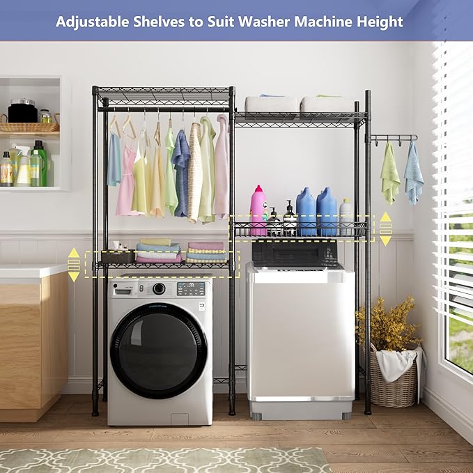 Over Washer and Dryer Shelves,Laundry Room Storage Organization Clothes Drying Rack,4 Tier Adjustable Height Wire Shelving with Wire Basket,Hanger Rod&Hook,Space Saving Shelf