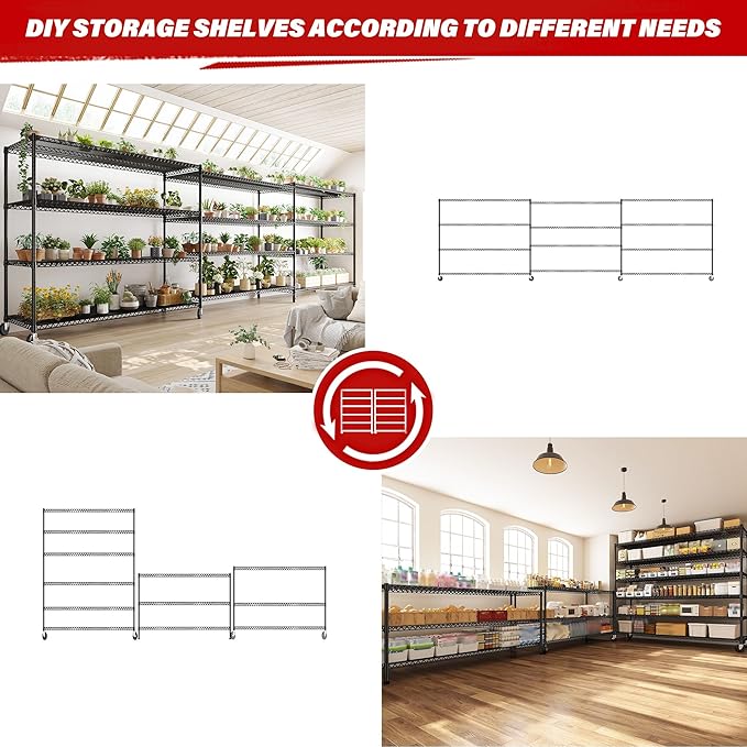 REIBII 60''W X 82.6" H Steel Heavy Duty Wire Shelving Unit with Wheels, 6-Tier Adjustable Storage Shelves 3598LBS Commercial Metal Shelves for Pantry, Garage, College Dorm School Industrial Shelving