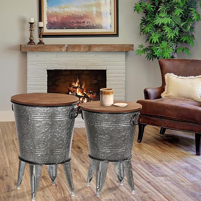 Rustee Rustic Storage Farmhouse Accent Side Table,Antique Galvanized Metal End Coffee Cocktail Table Box Bin with Round Wooden Lid Set of 2 (Galvanized),HC2009WT,One size