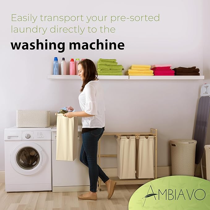 Laundry basket with wheels beige - Large Bamboo Laundry Sorter with Removable Cotton Bags - 3 Section laundry room organization - Durable, Eco-Friendly, and Stylish Storage Solution for Home