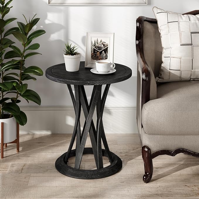 Round Farmhouse End Table with Crisscross Pedestal Base, Distressed Finish Side Table Rustic Accent Table for Living Room, Pine Wood, Black