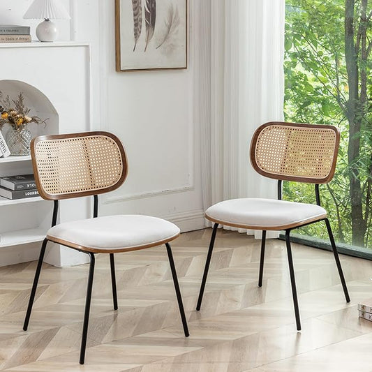 Rattan Dining Chairs Set of 2, Mid Century Modern Dining Chairs with Cane Back for Kitchen Dining Room, 19 Inch Fabric Beige