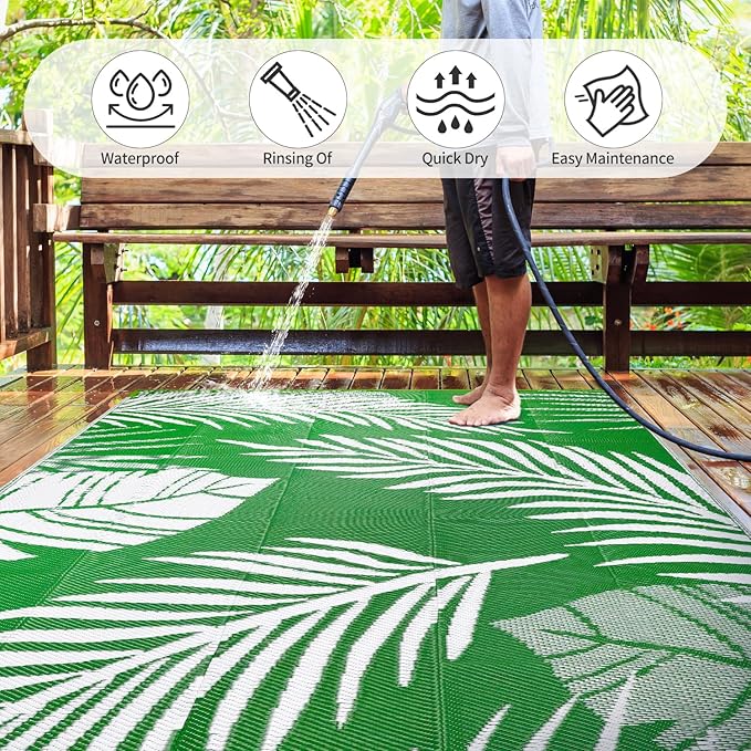 Waterproof Outdoor Rug 6x9ft, Green Leaf Reversible Plastic Straw Mat for Patio RV Deck Porch Backyard Balcony Camping Picnic Beach Indoor Outdoor Carpet, Green&White