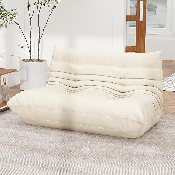 Full Foam Loveseat Sofa,Adults Bean Bag Chairs Floor Couch with Soft Waterproof Fabric,Armless Fireside Lounge Chair for Living Room,Apartment and Office (Whtie)