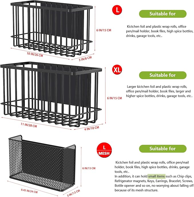 Magnetic Basket Fridge Lint Bin Dryer Ball Holder Laundry Room Organization Home Storage for Class Office School (Mesh，(1-Pack) Black/L)