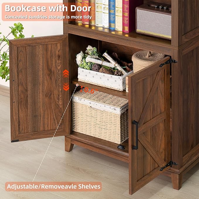 70in Tall Bookshelf 5 Tier Bookcase with Barn Doors and Adjustable Shelves, Brown Farmhouse Book Shelf with Storage Cabinet, Wood Freestanding Display Bookshelves for Bedroom, Living Room