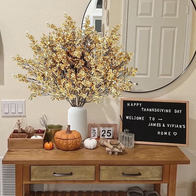 Sggvecsy 15 Pcs Babys Breath Artificial Flowers Gypsophila Bouquets Bulk Real Touch Fake Silk Flowers for Home Wedding DIY Floral Arrangement Kitchen Table Centerpiece Christmas Decoration (Gold)