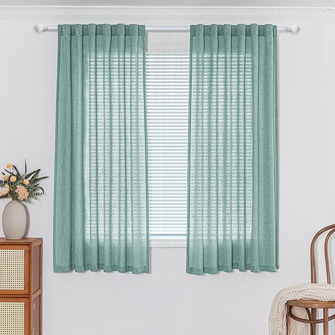 MYSKY HOME Sheer Curtains 63 Inch Length for Bedroom, Window Curtain Panels Light Filtering Privacy Protect Drapes Set, Boho Farmhouse Style Texture Soft Touch, 50" x 63", Turquoise, 2 Panels