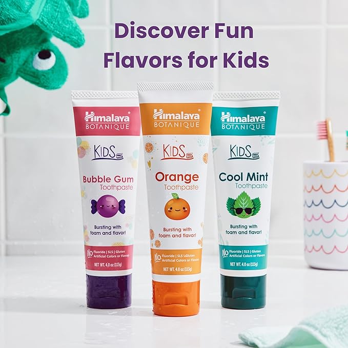 Himalaya Botanique Kids Toothpaste, Herbal, Bubble Gum Flavor, Fluoride-Free, Gentle, No Artificial Flavors or Colors, SLS Free, Gluten Free, Cruelty Free, Vegan, Foaming, 4 Oz, 4 Pack