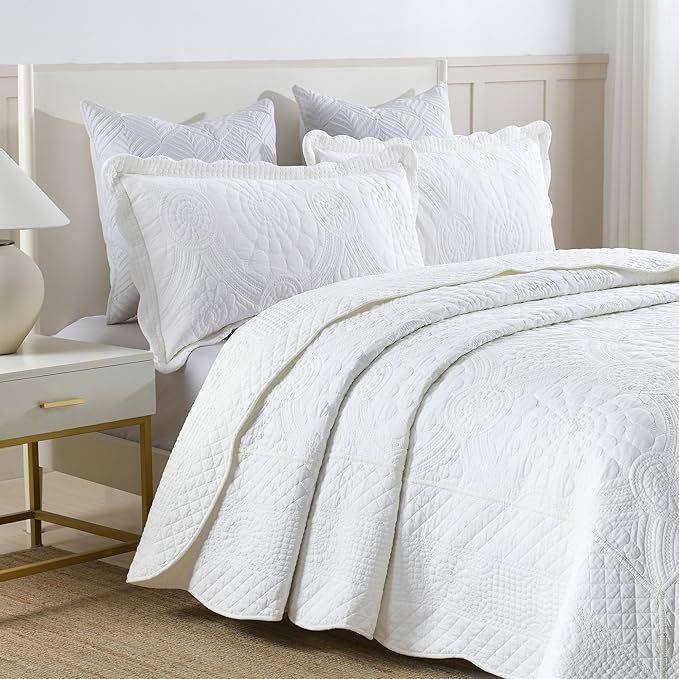 MarCielo 3-Piece 100% Cotton Oversized Bedspread Lightweight Quilt Coverlet Embroidery Farmhouse Bedding (Tf Bright White, Oversized King (118"x106"))