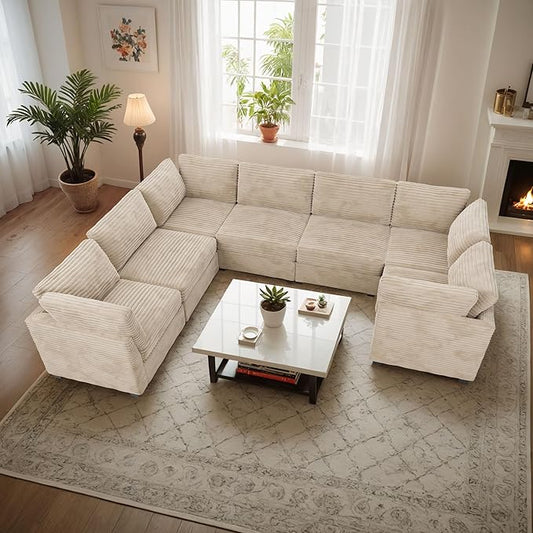 Modular Sectional Sofa with Chaise U Shaped Sectional Couch for Living Room, 7-Seater Comfy Cloud Couches, Plush Corduroy, Beige
