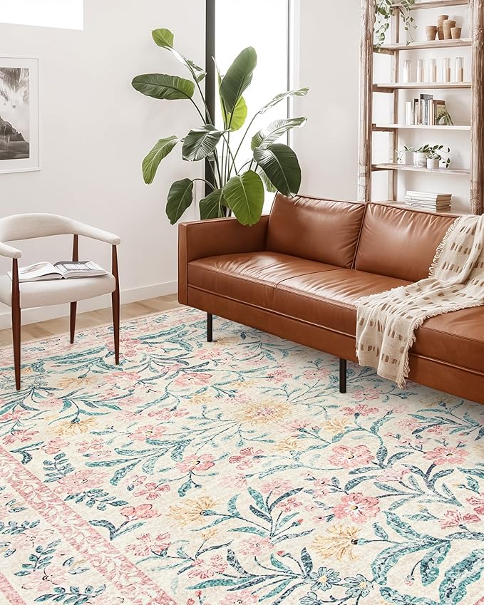 Wonnitar Machine Washable 5x7 Nursery Rug, Pink Rugs for Bedroom Girls, Boho Soft Floral Carpet Non Slip, Indoor Ultra-Thin Floor Carpet for Kid Room Living Room Dorm