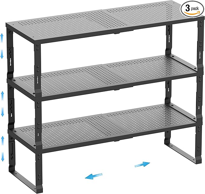 Expandable Spice Rack,Stackable Storage for Cabinet, Multi-Functional Kitchen Shelving,Height-Adjustable,Sustainable Organizer Solution(3Packs/Black/Large)