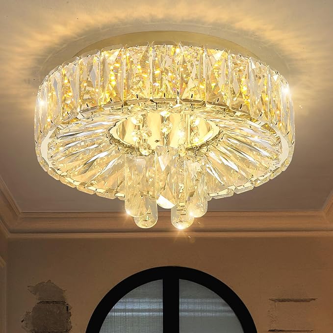 Mini Chandelier Modern Crystal Chandeliers for Hallway LED Flush Mount Ceiling Light Dimmable Light Fixture for Dining Room Living Room Bedroom