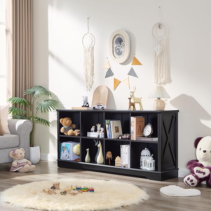 Farmhouse 8 Cube Bookshelf, Black Storage Organizer Bookcase, Kids Toy Storage Cabinet, Long Bookshelves Storage Organizer Shelf, Wood Display Cabinet Book Shelves for Bedroom,Living Room,Office