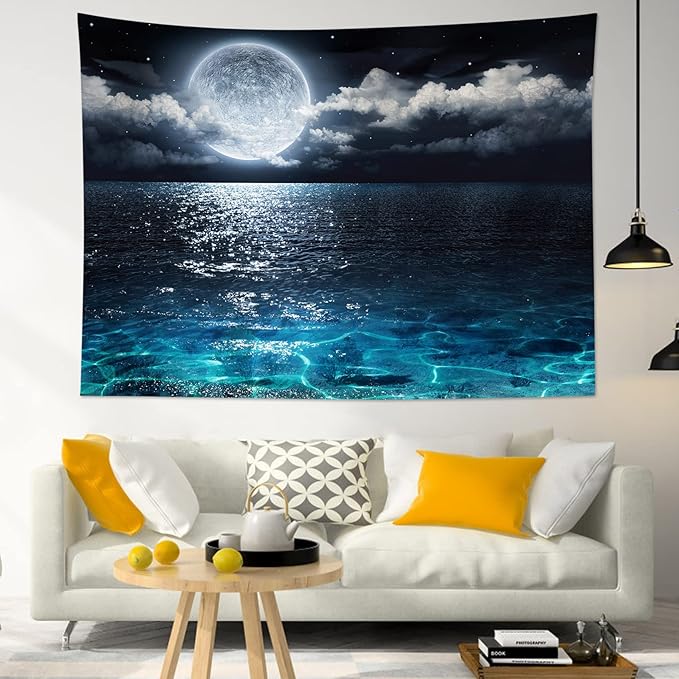 LB Moon Over Ocean Tapestry, Night Sky Tapestry Wall Hanging, 3D Fantasy Psychedelic Watercolor Wall Art for Bedroom Living Room Dorm Home Decor, 60 x 40 Inches
