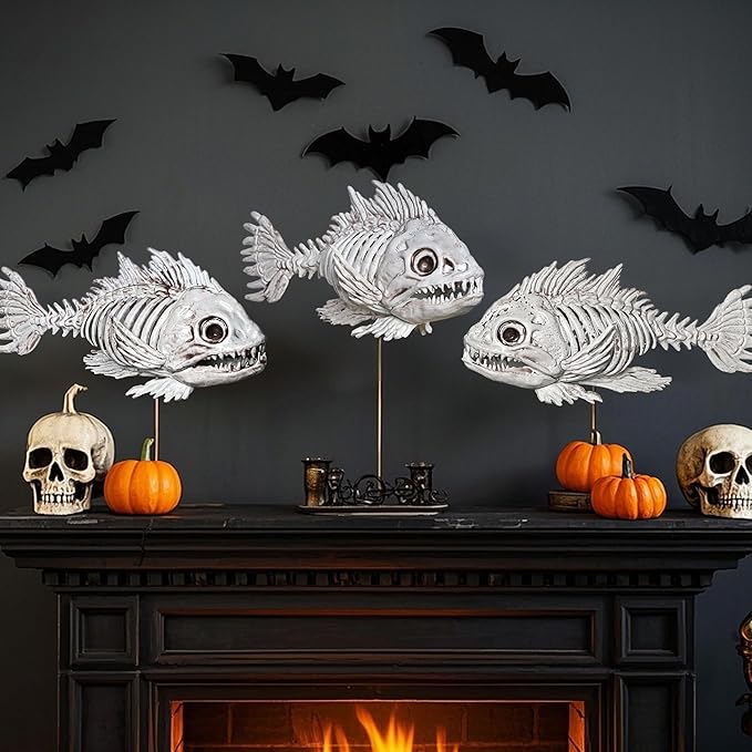 DR.DUDU 3 Pack Skeleton Fish Halloween Decor, Animals Skeleton Decorations Plastic Skull Fish Bones Figure Decor for Outdoor Indoor Bedroom Tank Party Props