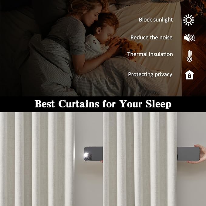 RAIN CITY Full Blackout Curtains 98 Inch Long 2 Panels Set Neutral Boho Farmhouse Linen Window Drapes for Bedroom Living Room Thermal Insulated Natural Birch Ivory Pleated/Back Tab with Hooks