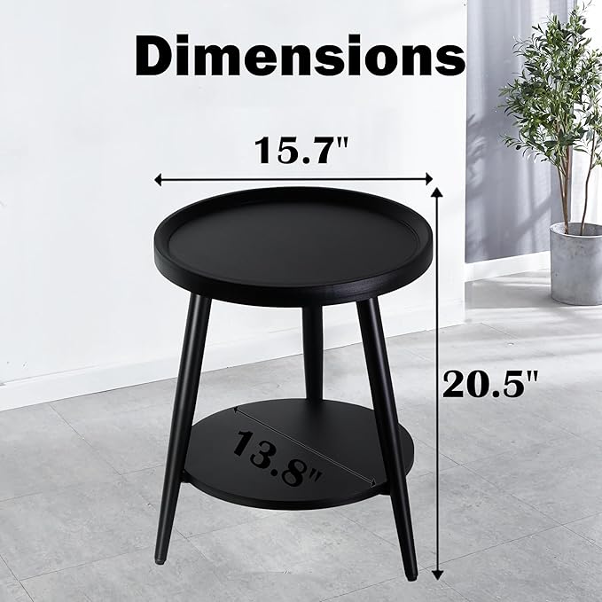 Small Round Side Table, 2-Tier Mid Century Modern Side Table, Round End Table Small Side Table for Living Room, Metal Frames, Black