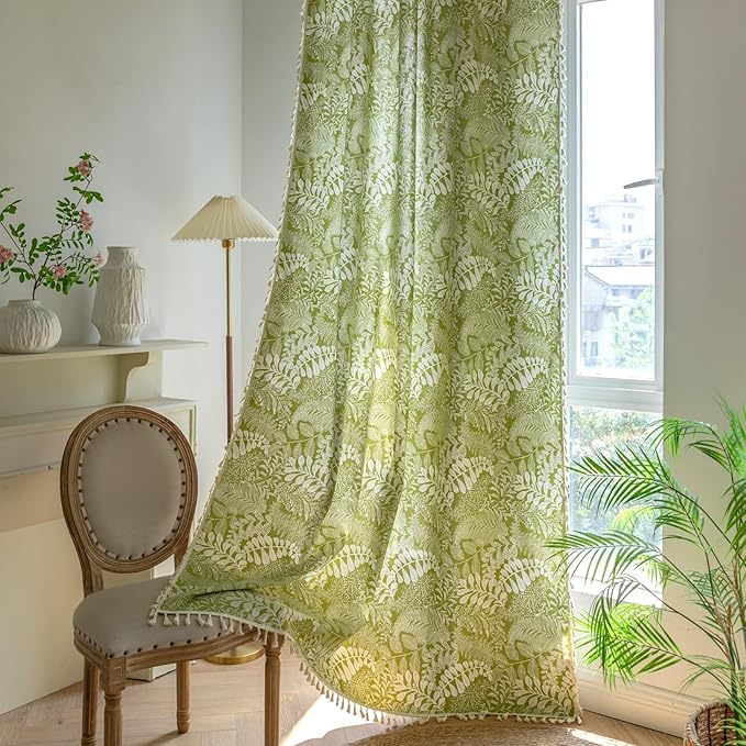 Sutuo Home Boho Curtains 84 Inches Length for Bedroom Living Room, Printed Cotton Linen Rod Pocket Rustic Farmhouse Bohemian Tassels Window Treatment, 1 Panel 59" W x 84" L, Green Botanic Leaves