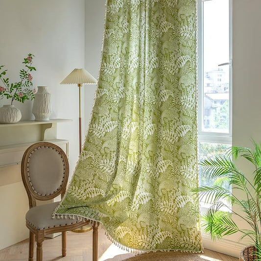 Sutuo Home Boho Curtains 84 Inches Length for Bedroom Living Room, Printed Cotton Linen Rod Pocket Rustic Farmhouse Bohemian Tassels Window Treatment, 1 Panel 59" W x 84" L, Green Botanic Leaves