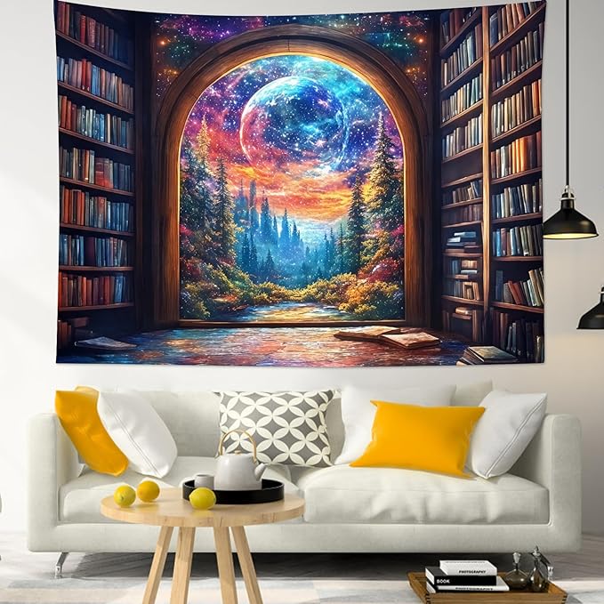 LB Fantasy Bookshelf Moon Tapestry, Trippy Tree and Vintage Library in Forest Wall Tapestry for Bedroom, Galaxy Cool Wall Art for Living Room Dorm Classroom Home Decor Ready to Hanging, 59 x 51 Inches