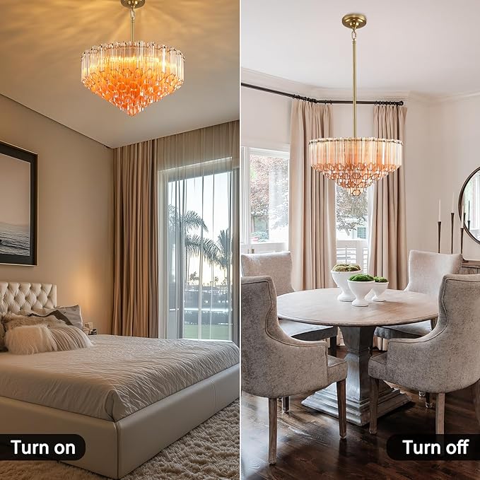 Modern Amber Glass Chandelier, 14" Round Crystal Dining Room Pendant Light Chandelier, Luxury Brass Hanging Fixture for Bedroom, Gold Kitchen Island Light, Dimmable Small Ceiling Lighting Chandeliers