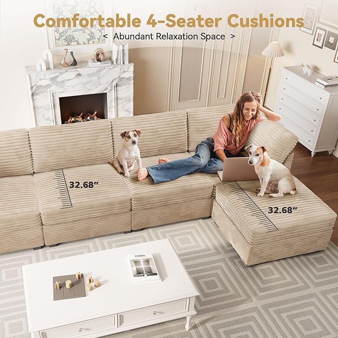 Modular Sectional Sofa, 130.7" L Shaped Couch Set for Living Room, 4-Seater Comfy Cloud Couches with Movable Ottoman, DIY Combination, Plush Corduroy, Beige