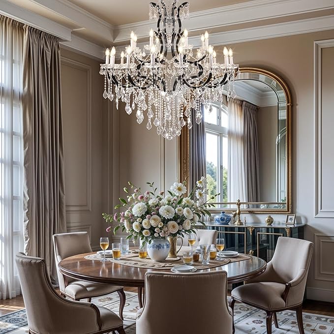 Large Black Crystal Chandelier Light Fixtures, 24 Lights Modern Crystal Chandeliers for Hotel, Lobby, Foyer, Entryway Hall, Staircase High Ceiling 50'' Chandelier 2 Layers