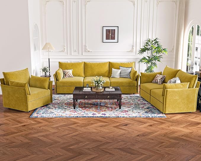 Oversized Loveseat Sofa, Modern Modular Sectional Couch Yellow Fluffy Chenille Mid Century 2-Seat 24.5" Deep Seat for Apartment, Living Room, Bedroom